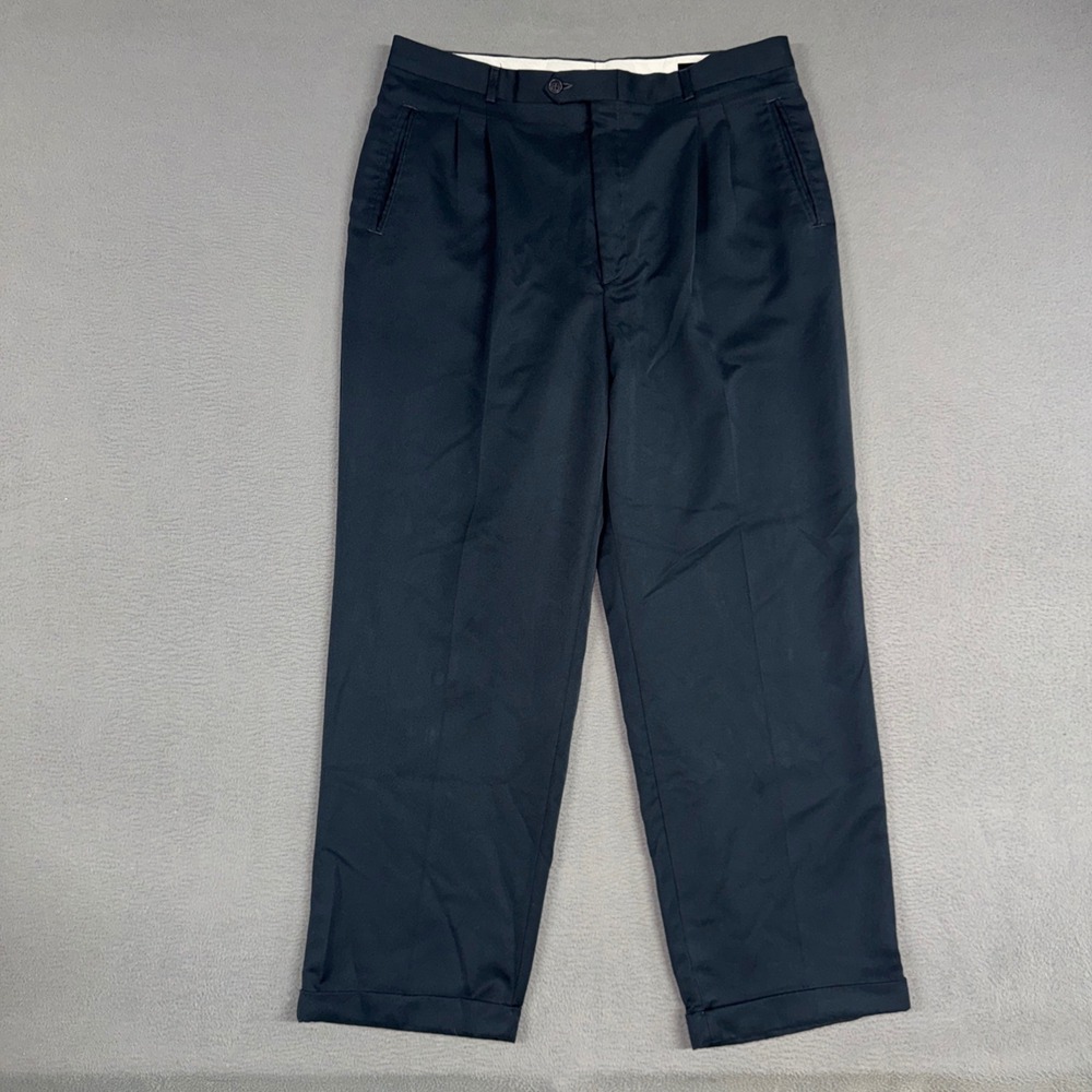 Haggar Pants Mens 38x31 (Fits 36x30) Blue Pleated Cuffed Micro Polyester Dress